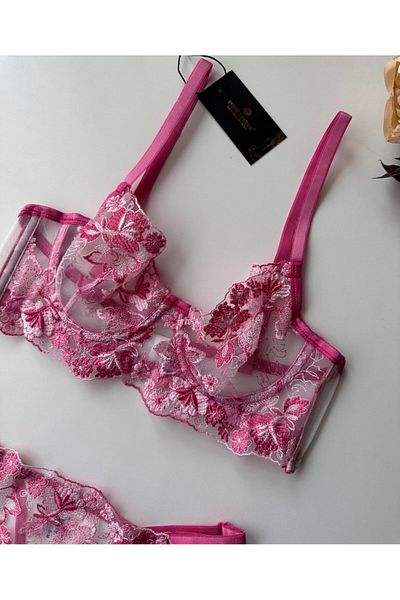 İntive Lingerie Flower Love Σετ σουτιέν με διάφανο δαντέλα με λουλούδια (ροζ, μωβ, σολομός)