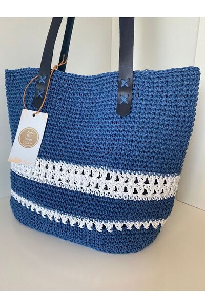PeriStore Ibiza Navy Blue Straw Shoulder Bag - 38x30cm Handmade