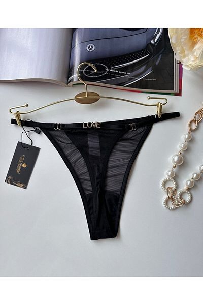 İntive Lingerie Valerie Black Mesh Cotton Fancy Tulle Thong with'Love' Written on the Back - Limited