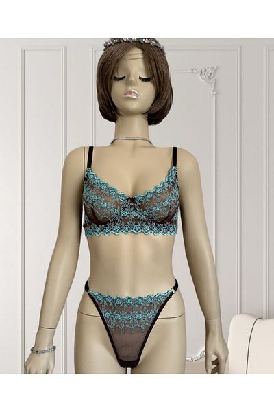 İntive Lingerie Σετ στρινγκ σουτιέν με διαφανές εσώρουχο με μοτίβο καφέ-τιρκουάζ