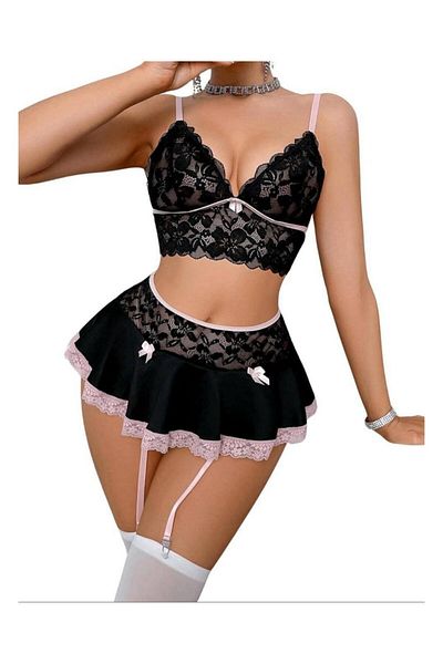 İntive Lingerie Bella Γυναικεία Δαντελένια Μίνι Φούστα με Ζαρτιέρες Σουτιέν Σετ Κάλτσες Φούστα