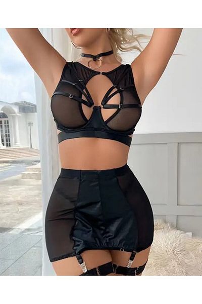 İntive Lingerie Femei Negru Cu Fusta Jartieră Latex Piele Bralet Thong Jartieră Costum -8466