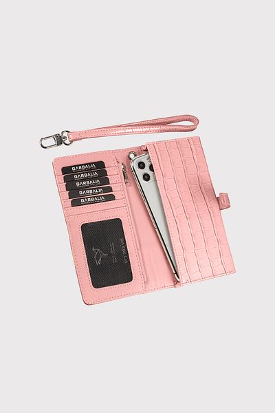 Garbalia Powder Colored Croco Patterned Women's Wallet - Astana Belt, Lockable Zipper and Wrist Strap