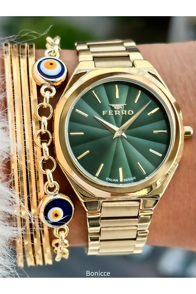 FERRO Brand Steel Cord Yellow Color Women's Wrist Watch + Evil Eye Beaded Bracelet