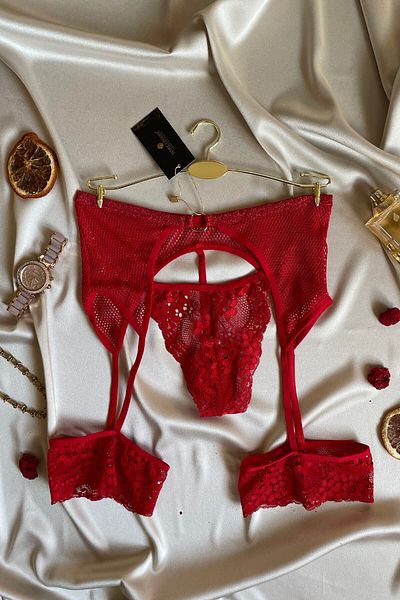 İntive Lingerie Women's Waist Ring Detailed Red Garter Thong (Combined)