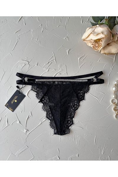 İntive Lingerie Women's Waist Shiny Stone Lace Mesh Cotton Striped Thong