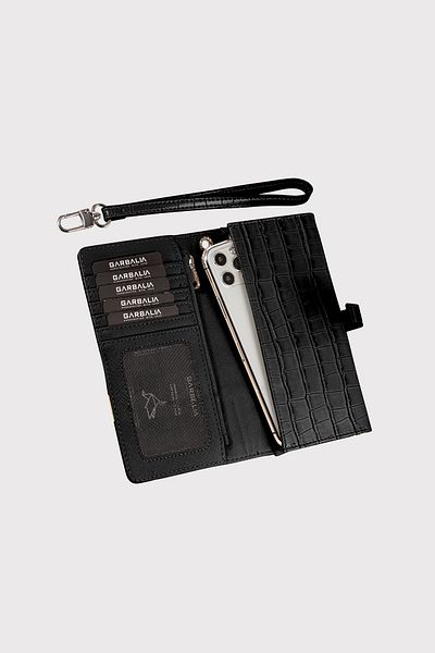 Garbalia Black Women's Wallet - Croco Pattern with Astana Belt, Lock and Zipper, Wrist Strap and Phone Compartment