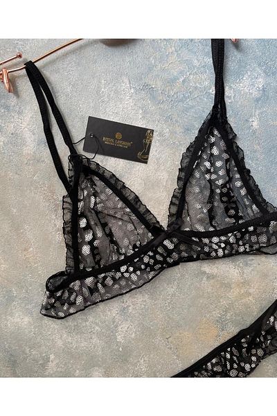 İntive Lingerie Γυναικείο διαφανές σετ μαύρο Bralet με φωτεινό σχέδιο