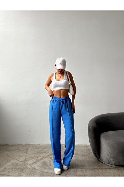 Patreon Pantaloni largi de damă, albastru baby, amestecat de in