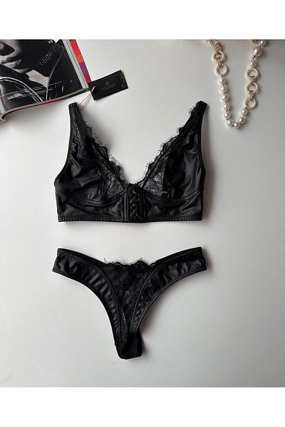 İntive Lingerie Γυναικείο σχέδιο Latex Leather με λεπτομέρεια με δέσιμο στο μπροστινό μέρος Σέξι σουτιέν (με δώρο κάλτσες) - Rylee