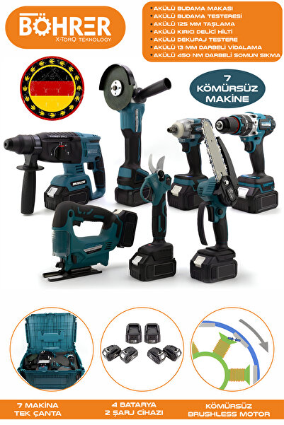 BÖHRER 7'Lİ SET AKÜLÜ KIRICI DELİCİ,VİDALAMA,SOMUN SIKMA,TAŞLAMA,DEKUPAJ,BUDA...