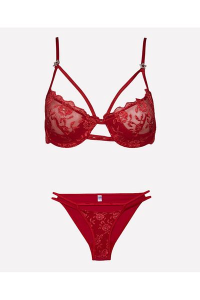 İntive Lingerie Women's Red Stone Lace Underwire Strapless Cut Bra Panty Set