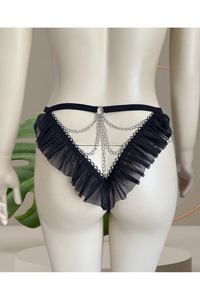 İntive Lingerie Black Back Chain Tulle Flywheel Detailed Transparent Mesh Cotton Fantasy String (Special Collection)
