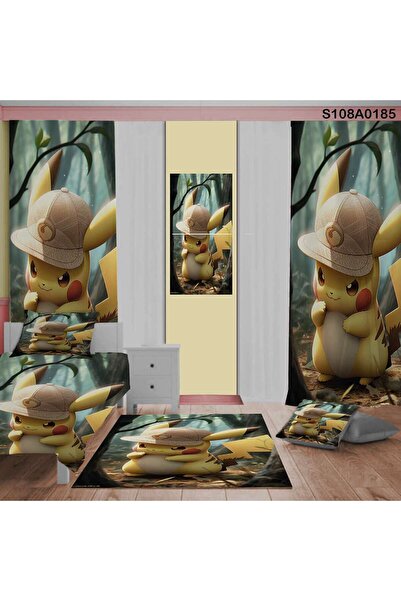 A2ZTR Pokemon Pikachu Oda Takımı, Yatak Örtüsü, Perde Çift Taraf, Yastık, Kırlent, Halı Ve Tablo