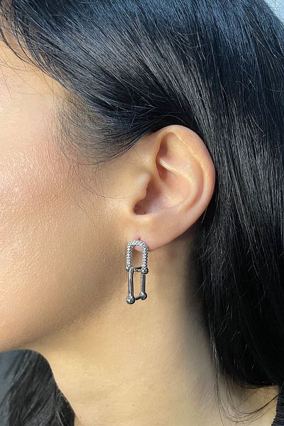 Onouqo Silver Color Blackening and Rusting Free Steel - Zircon Stone Pieced Horseshoe Earrings