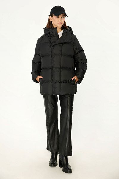 QAWWA Damen-Wintermantel aus schwarzer Faser mit Kapuze, winddicht, aufblasbar