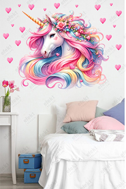 efekt reklam Unicorn ve Kalpler Çocuk Odası Kapı-Duvar Yapışkanlı Sticker Seti