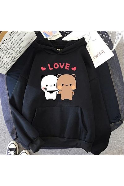 Korefanzin Hanorac negru cu glugă Dudu Budu Kawaii Love