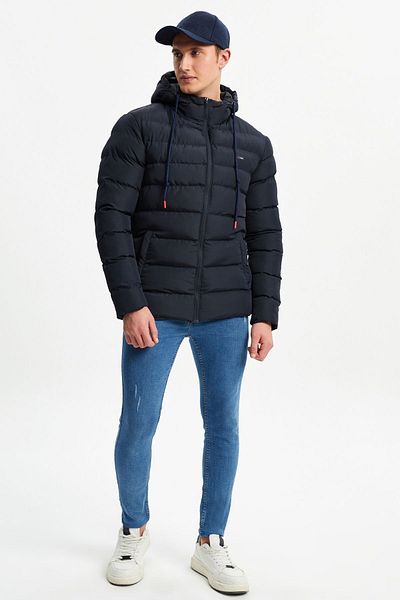 D1fference Ανδρικό πουπουλένιο παλτό Navy Blue - Αντιανεμικό, Αθλητικό Χειμώνα με κουκούλα
