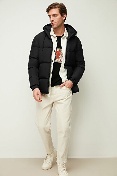 QAWWA Ανδρικό χειμερινό παλτό με μαύρη χοντρή επένδυση με κουκούλα νερού και αντιανεμικό