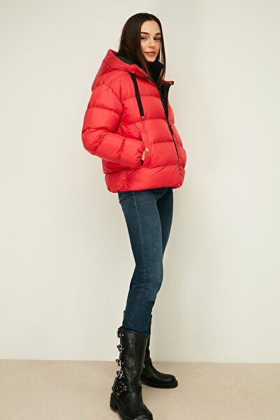 QAWWA Women's Red Hooded Fiber Windproof Puffer Winter Jacket