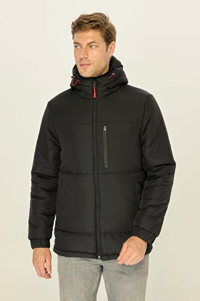 RİVERCLUP Erkek Siyah Elyaflı Rüzgar Geçirmez Şişme Kışlık Mont