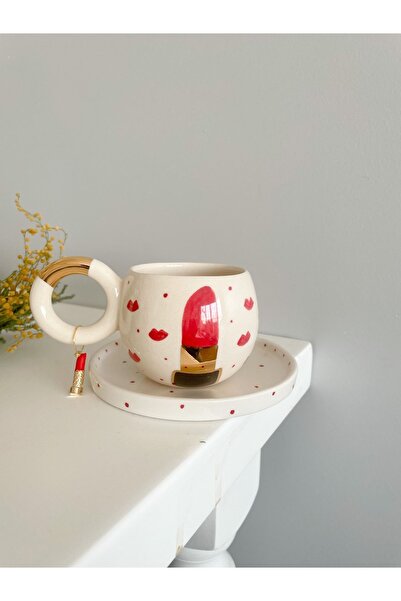 Mugtasarım 24K Gold Gilded Double Lipstick Handmade Ceramic Turkish Coffee Cup