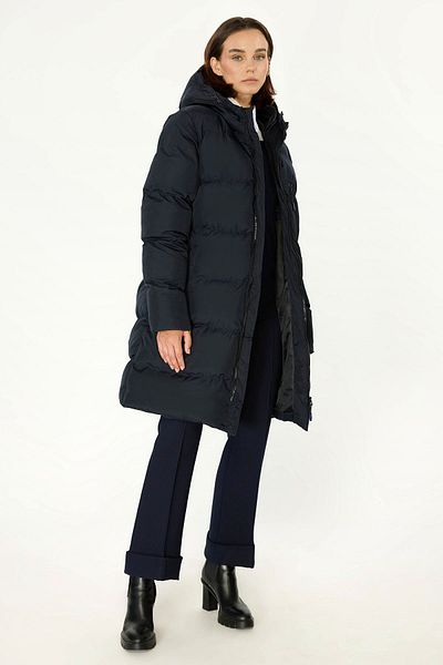 QAWWA Women's Hooded Windproof Navy Blue Inflatable Long Winter Coat Parka Coat
