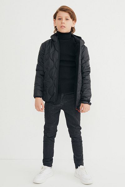 QAWWA Boys' Onion Patterned Windproof Black Hooded Coat