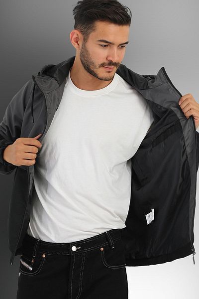 Goccix Men's Anthracite-Black Two Color Lined Windproof Hooded Pocket Sports Raincoat-Windbreaker