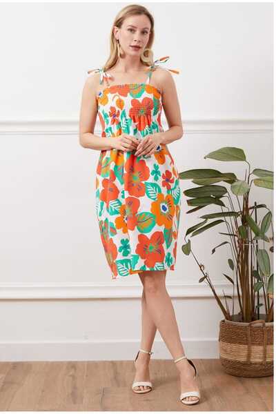 Butik İp Askılı Gipeli Desenli Turuncu Yazlık Elbise