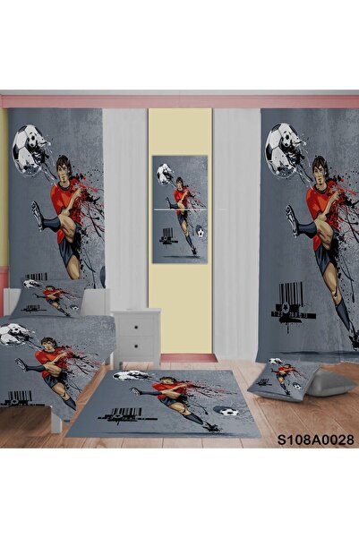 A2ZTR Futbol Desenli Yatak Örtüsü, Perde Çift Taraf, Yastık, Kırlent, Halı Ve Tablo