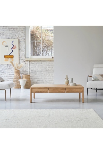 ŞafakMobilya Ahşap masif çift çekmeceli natural orta sehpa