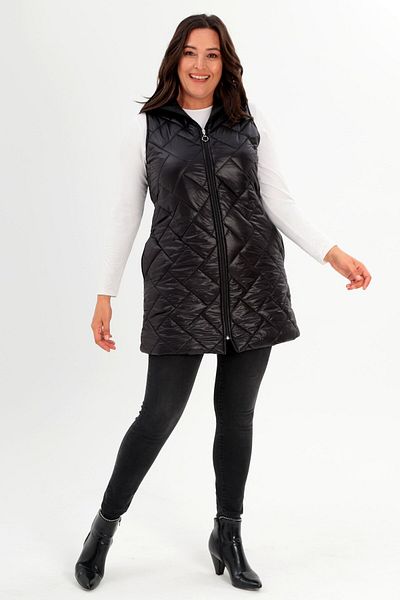 Metpoint Trend42Plus Large Size Long Large Size Black Puffer Vest with Hood and Pocket Detail