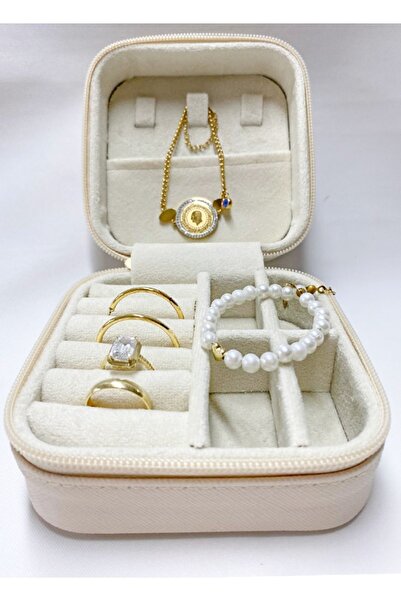 DR. SHOES Takı Organizer Kutusu - Seyahat Aksesuar Çantası Düzenleyici-Krem Renk-Yerli Üretim-11x11x7 cm