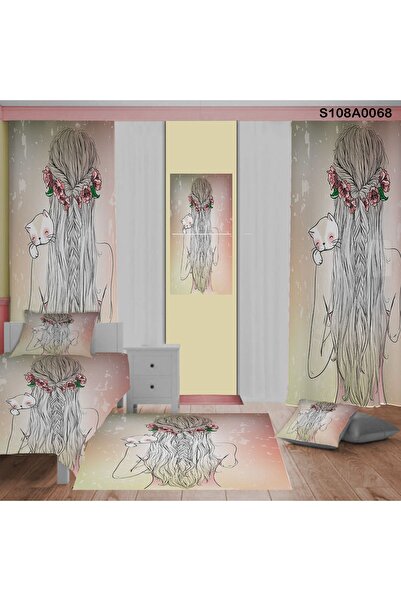 A2ZTR Kedili küçük bir kızın Desenli Yatak Örtüsü,Perde Çift Taraf, Yastık,Kırlent Kılıfı,Halı Ve Tablo