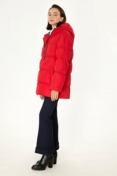 QAWWA Női piros bélelt kapucnis szélálló pufferkabát télire