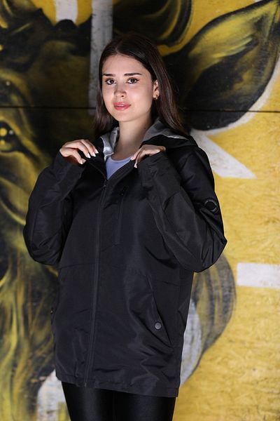 QAWWA Schwarz gefütterter, wasserabweisender Damen-Regenmantel mit Kapuze und Tasche – Windjacke