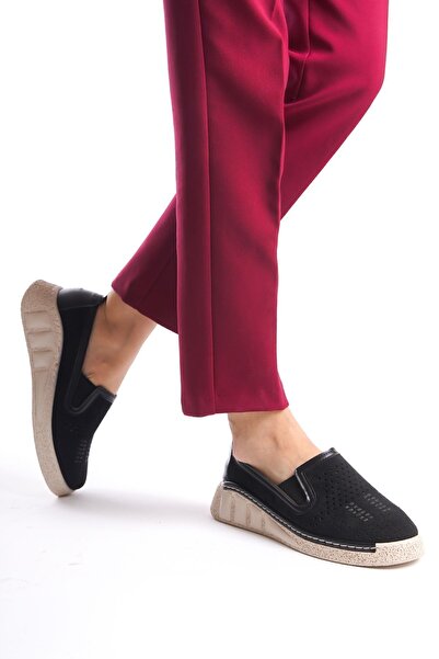 Limeo Black Suede Hole Detailed Side Elastic High Sole Daily Women's Casual Sports Shoes