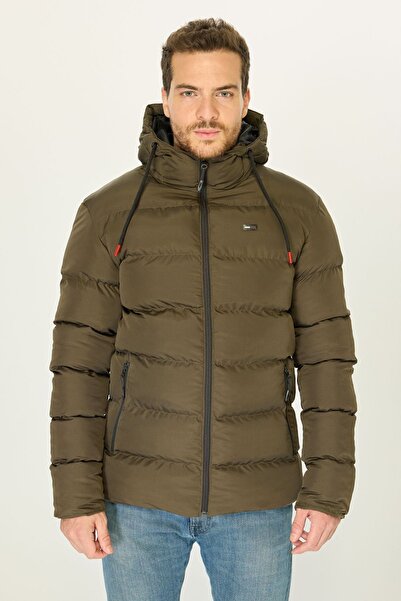 D1fference Men's Khaki Lined Windproof Hooded Inflatable Coat