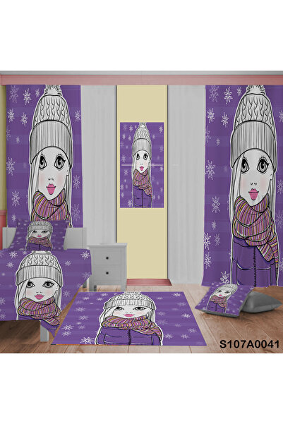 A2ZTR Kış kıyafetleri küçük kız Desenli Yatak Örtüsü,Perde Çift Taraf, Yastık,Kırlent Kılıfı,Halı Ve Tablo