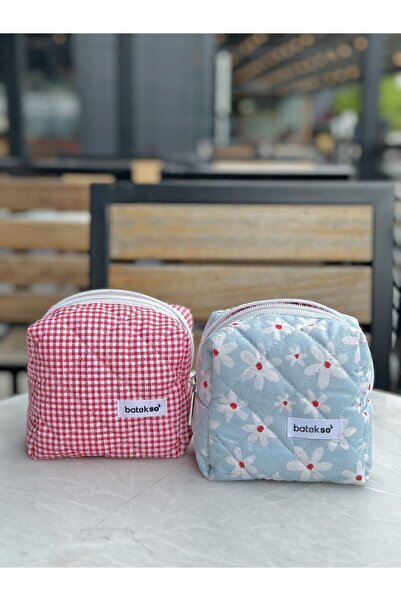 Batekso Light Blue and Red Square Patterned 2-Piece Makeup Bag - Small Size