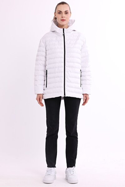 QAWWA White Lightweight Windproof Sports Coat with Portable Bag - Warm Holder Filling