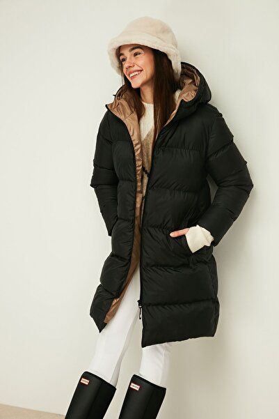 QAWWA Dámská dlouhá zimní bunda s kapucí a kapucí z černého vlákna