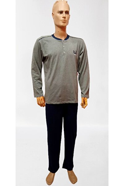 Mefa Pijama Men's Gray Navy Blue 100% Cotton 3-Button Pajama Set