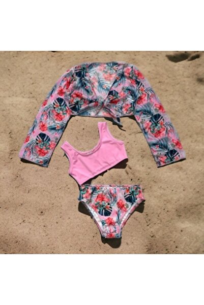 Lolliboomkids New Season Pink Floral Patterned Bolero and Pareo Bikini Set for Girl - Set of 3