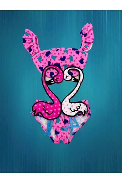 Lolliboomkids Κοριτσίστικα μαγιό με θέμα Flamingo Λευκό - Ροζ βολάν λουράκι - Μοτίβο καρδιάς μαγιό τελευταίας σεζόν