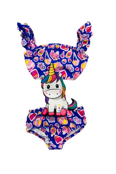 Lolliboomkids Costum de baie pentru fete, mov, unicorn, cu tema înghețată, cu mâneci de culoare violet, cu volane - costum de baie pentru sezonul final