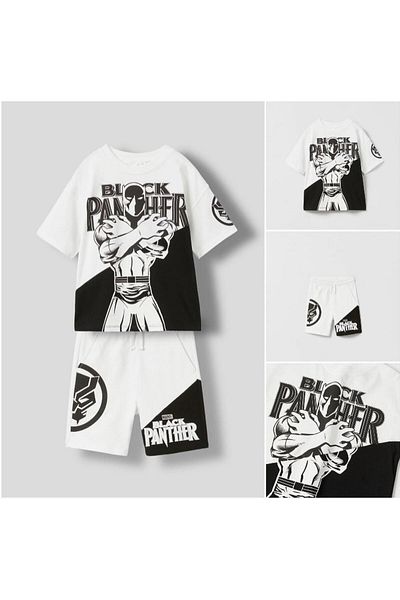 Lolliboomkids Set pantaloni scurți de tricou Black Panther pentru băiat, oversize, nou sezon, negru, alb