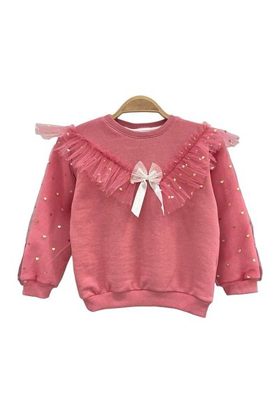 Lolliboomkids Girl's Bow Ribbon Italian Tulle Sleeve Mini Hearts Detailed Sweatshirt 3 Thread Powder Pink Color